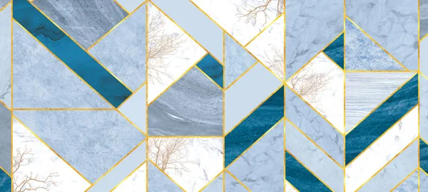 Tegel achtergrond in blauw en grijs marmeren tegels met gouden lijnen en bomen — Stockfoto