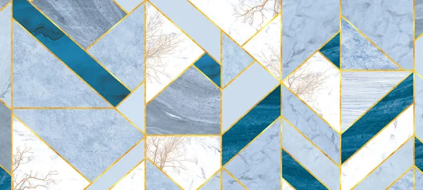 Tile background in blue and gray marble tiles with golden lines and trees