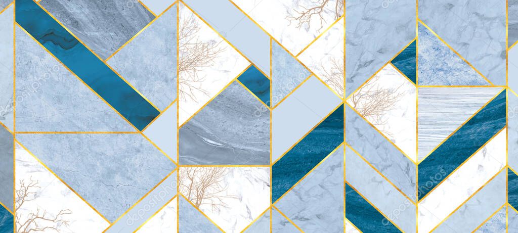 Tile background in blue and gray marble tiles with golden lines and trees