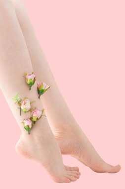 Pembe arka planda pembe çiçekleri olan ince tıraşsız kadınlar. Feminizm