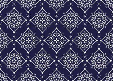 Koyu mavi arka planda açan pürüzsüz beyaz nilüfer çiçeği, etnik kumaş deseni, Portekiz tarzı, kumaş, halı, batik, duvar kağıdı, ambalaj kağıdı, vs..