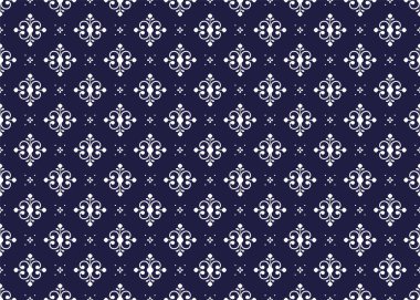 Koyu mavi arka planda pürüzsüz beyaz çiçek, etnik kumaş deseni, Portekiz tarzı, kumaş, halı, batik, duvar kağıdı, ambalaj, vb..