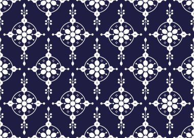 Koyu mavi arka planda kusursuz beyaz çiçek açan, Portekiz tarzı, kumaş, halı, batik, duvar kâğıdı, ambalaj, vs..