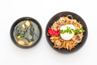 domuz eti pilav kasesi beyaz arka plan üzerinde - Japon yemekleri stil izole yumurta (Donburi) ile