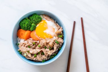 Donburi, domuz eti Pilav kasesi onsen yumurta ve sebze - Japon gıda tarzı