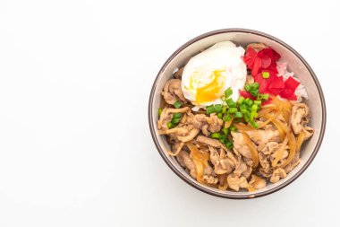 domuz eti pilav kasesi beyaz arka plan üzerinde - Japon yemekleri stil izole yumurta (Donburi) ile