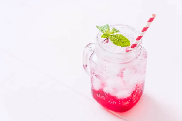 Iced Strawberry Soda Wood Table — Stock Photo, Image