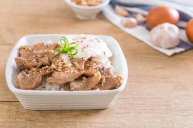 yumurta - Asya gıda tarzı ile tepesinde pirinç Sarımsak soslu tavada kızartılmış domuz eti