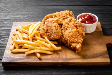 Kızarmış tavuk, patates kızartması ve nugget yemeği. Abur cubur ve sağlıksız yemek.