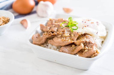 yumurta - Asya gıda tarzı ile tepesinde pirinç Sarımsak soslu tavada kızartılmış domuz eti