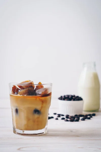 Coffee Ice Cubes Milk Wood Table — Stock Photo, Image