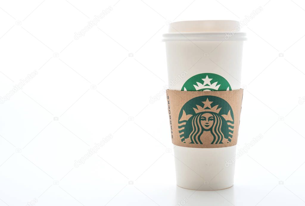 BANGKOK, THAILAND - JUN 5, 2018: White coffee cup with Starbucks logo isolated on white background. Starbucks is the world's largest coffee house with over 20,000 stores in 61 countries.