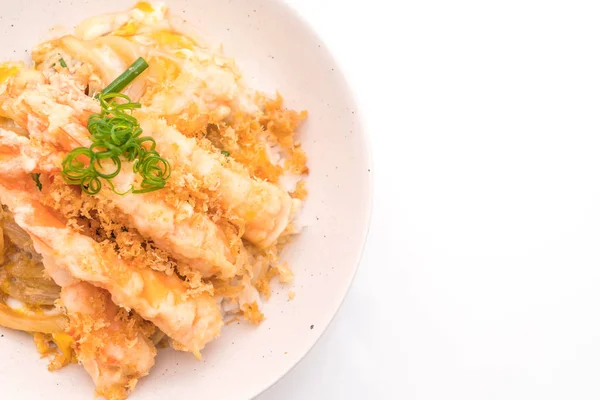 Camarones Fritos Tempura Tazón Arroz Rematado Aislado Sobre Fondo Blanco — Foto de Stock