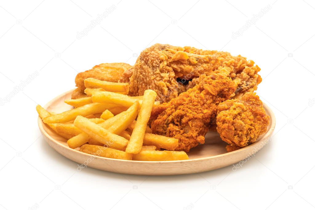 fried chicken with french fries and nuggets meal (junk food and unhealthy food) isolated on white background