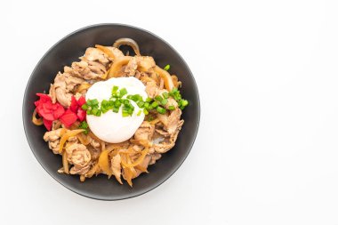 domuz eti pilav kasesi beyaz arka plan üzerinde - Japon yemekleri stil izole yumurta (Donburi) ile