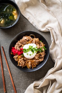 Yumurtalı domuz pirinci kasesi (Donburi) - Japon yemeği tarzı.