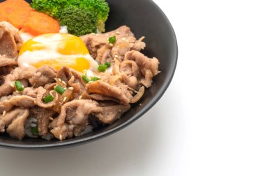 Donburi, domuz eti Pilav kasesi onsen yumurta ve beyaz arka plan üzerinde izole sebze