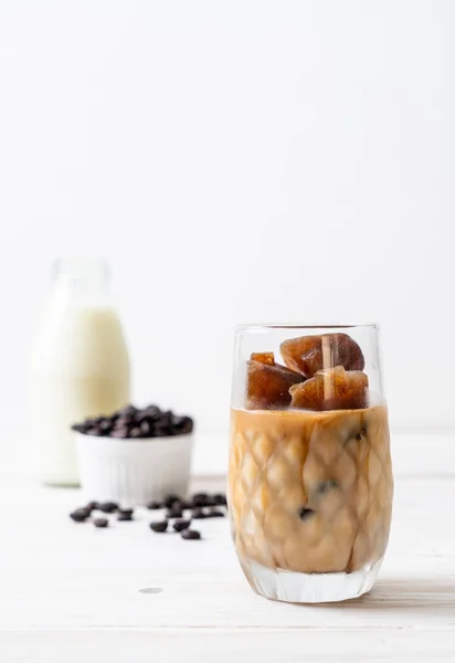 Coffee Ice Cubes Milk Wood Table — Stock Photo, Image