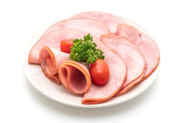 izole üzerinde beyaz arka plan dilimlenmiş jambon füme