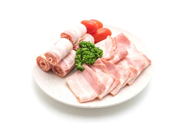 Sliced Raw Pork Bacon Isolated White Background — Stock Photo, Image