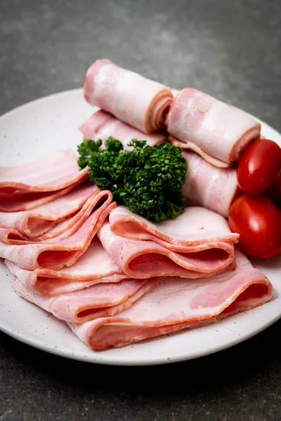 Tocino Cerdo Crudo Rodajas Plato —  Fotos de Stock