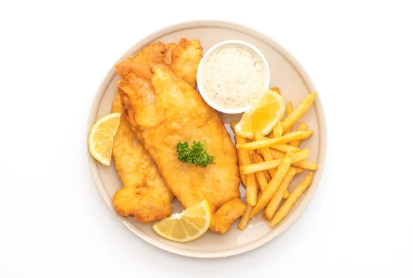 fish and chips with french fries isolated on white background