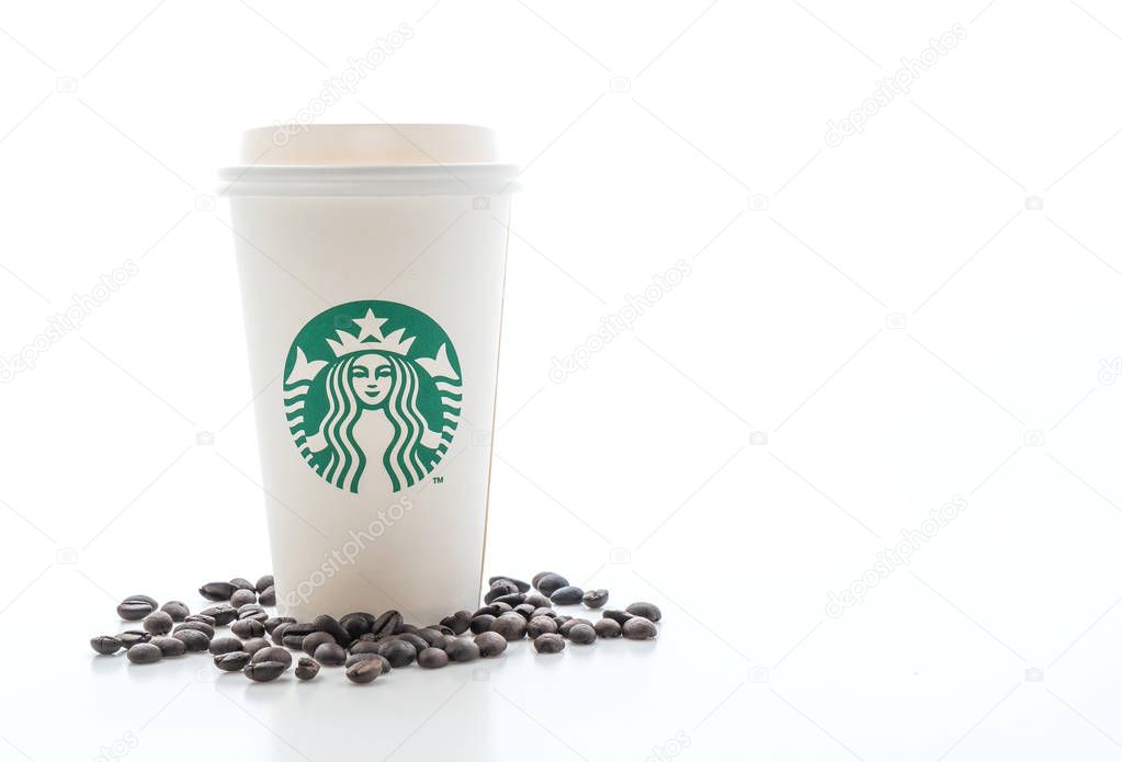 BANGKOK, THAILAND - JUN 5, 2018: White coffee cup with Starbucks logo isolated on white background. Starbucks is the world's largest coffee house with over 20,000 stores in 61 countries.