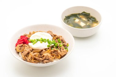 domuz eti pilav kasesi beyaz arka plan üzerinde - Japon yemekleri stil izole yumurta (Donburi) ile
