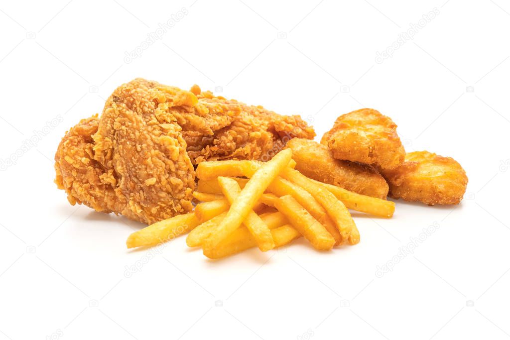 fried chicken with french fries and nuggets meal (junk food and unhealthy food) isolated on white background