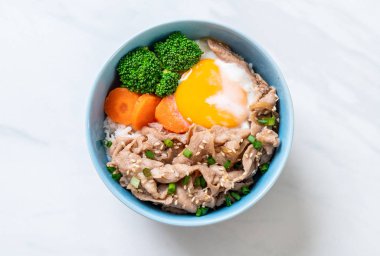 Donburi, domuz eti Pilav kasesi onsen yumurta ve sebze - Japon gıda tarzı