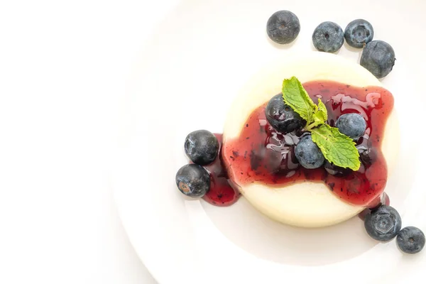 Budino Allo Yogurt Con Mirtilli Freschi Isolati Fondo Bianco — Foto Stock