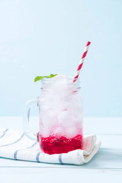 Iced Strawberry Soda Wood Table — Stock Photo, Image