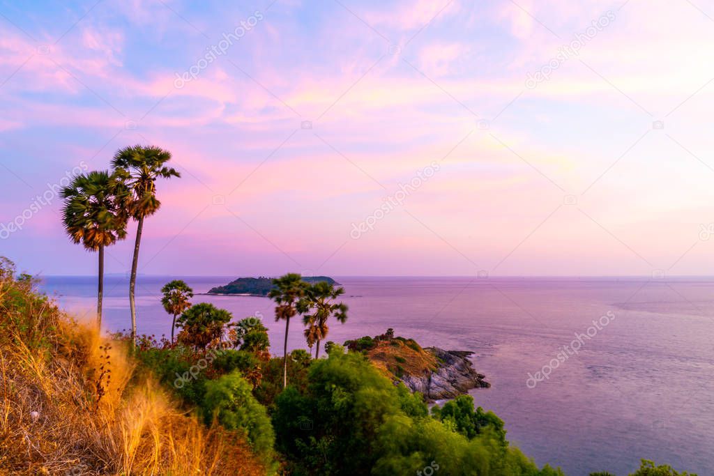Phromthep Cape viewpoint with beautiful sunset twilight sky in Phuket, Thailand - filter effect processing style
