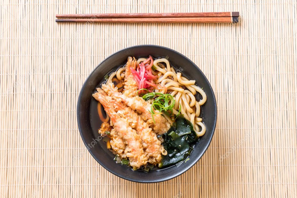 udon ramen noodles with shrimps tempura - Japanese food style