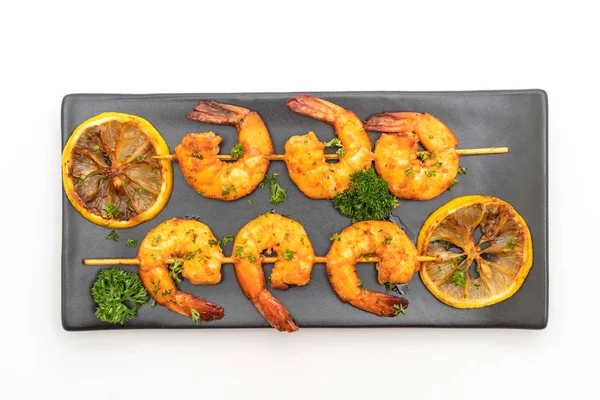 Grilled Tiger Shrimps Skewers Lemon Isolated White Background — Stock Photo, Image