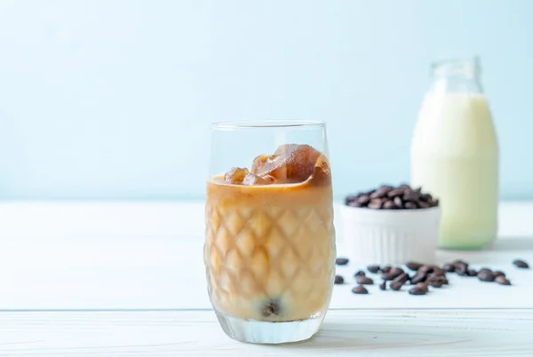 Coffee Ice Cubes Milk Wood Table — Stock Photo, Image