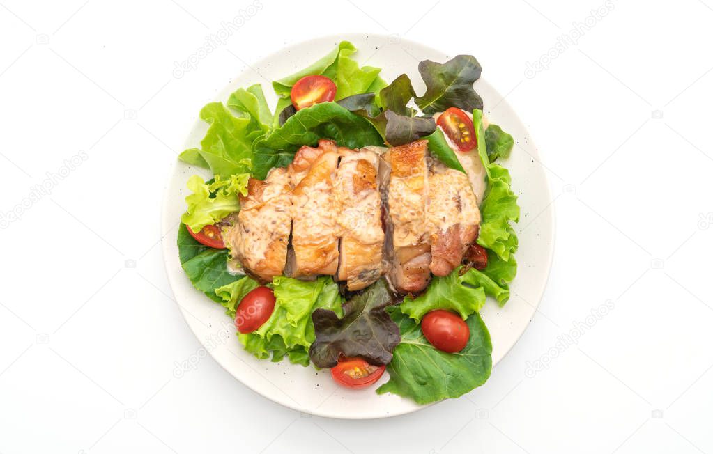 grilled chicken with salad vegetable isolated on white background