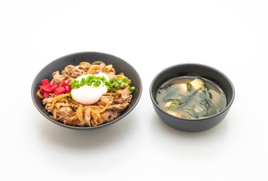 domuz eti pilav kasesi beyaz arka plan üzerinde - Japon yemekleri stil izole yumurta (Donburi) ile