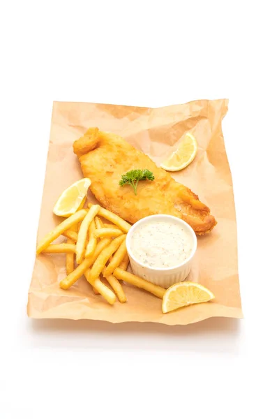 Fish Chips Avec Frites Isolées Sur Fond Blanc — Photo