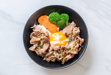 Donburi, domuz eti Pilav kasesi onsen yumurta ve sebze - Japon gıda tarzı