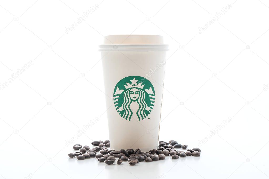 BANGKOK, THAILAND - JUN 5, 2018: White coffee cup with Starbucks logo isolated on white background. Starbucks is the world's largest coffee house with over 20,000 stores in 61 countries.