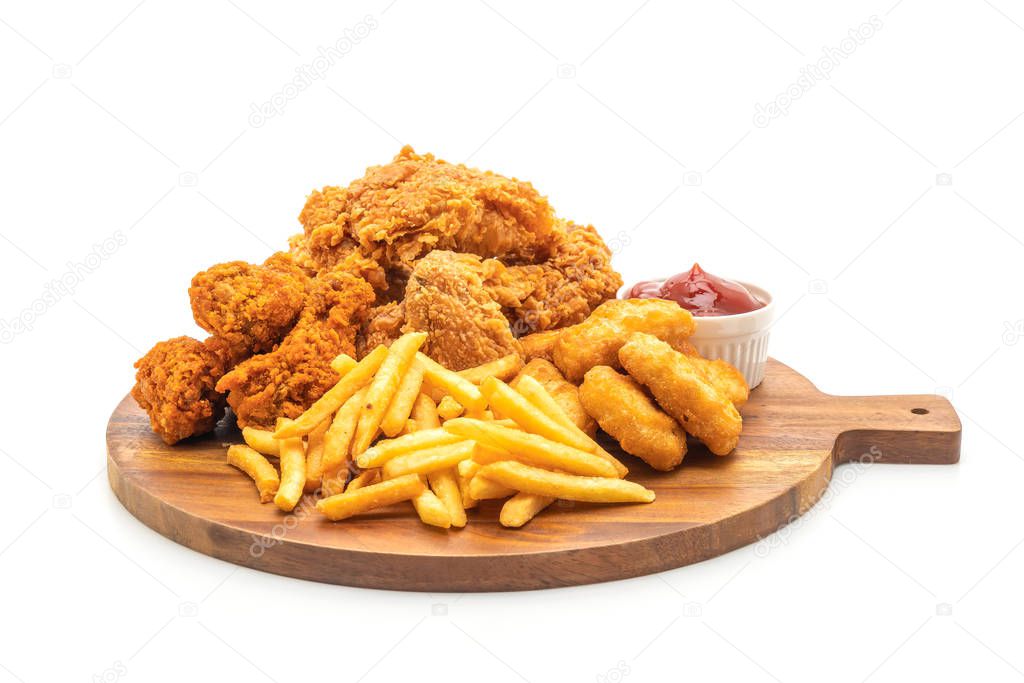 fried chicken with french fries and nuggets meal (junk food and unhealthy food) isolated on white background
