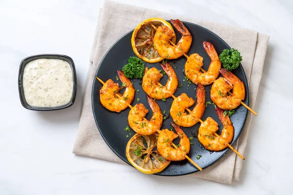 Brochetas Camarones Tigre Parrilla Con Limón Estilo Marisco — Foto de Stock