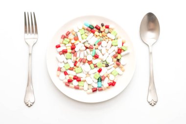 hap, ilaç, eczane, ilaç veya tıbbi beyaz arka plan üzerinde izole plaka üzerinde