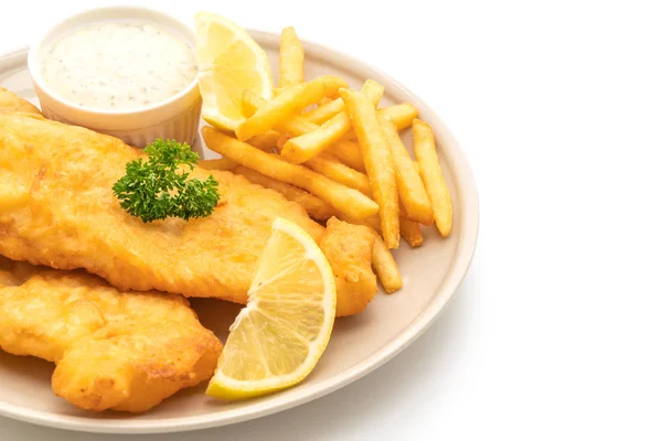fish and chips with french fries isolated on white background