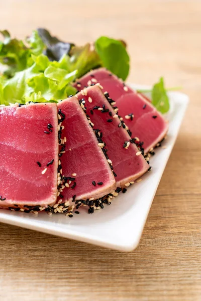 Thon Frais Cru Avec Salade Légumes Aliments Sains — Photo