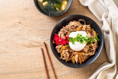 Yumurtalı domuz pirinci kasesi (Donburi) - Japon yemeği tarzı.