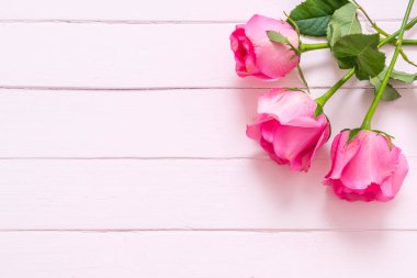 kopya alanı ahşap zemin üzerine vazo içinde pembe Gül