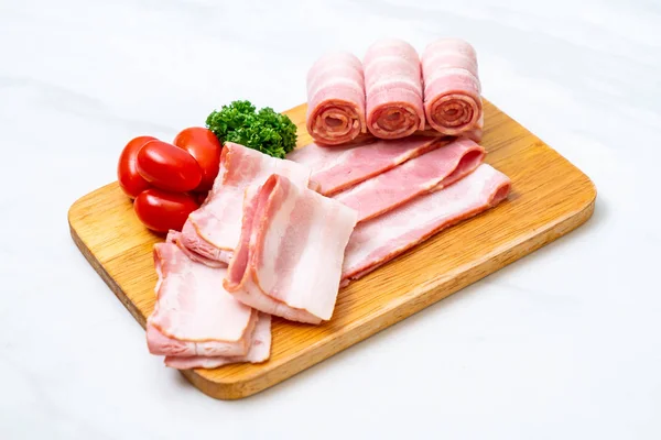 Sliced Raw Pork Bacon Wood Board — Stock Photo, Image