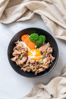 Donburi, domuz eti Pilav kasesi onsen yumurta ve sebze - Japon gıda tarzı